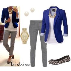 Navy Blazer Grey Pants Outfit Women, Outfit Pantalon Gris, Shoe Combo, Women Work Outfits, Look Office, Grey Pants Casual, Cute Work Outfits, Leopard Flats, Bailey Bow