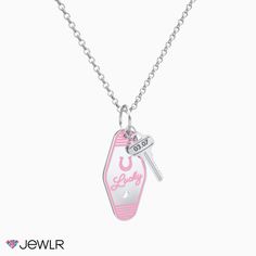 Inspired by retro keychains, this miniature keychain charm of luck features colored paint options. The tiny key is perfect for engraving initials, a meaningful number or year. Perfect for everyday wear, this necklace features a choice of chain lengths. Wear alone or layer with multiple necklaces to complete your look. Design your own in sterling silver, white, yellow or rose gold. Made just for you. Retro Keychains, Retro Keychain, Multiple Necklaces, Pink Slides, Engraved Initials, Keychain Charm, Lucky Horseshoe, Pink Design, Pastel Goth