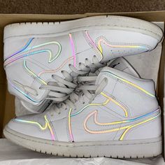 Reflective Jordan, One Mids All White With Black Outlining When Flashes Shined, They Streak A Multicolor Shine True To Size Kept In Very Good Condition Custom Jordan Shoes For Women, Michael Jordan Sneakers, Custom Jordan Shoes, Custom Jordan, Jordan One, Jordan Shoes For Women, Custom Jordans, Jordan 1s, Fresh Shoes