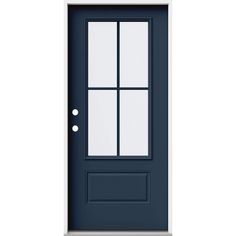 a blue door with two windows on the side and one window in the middle, against a white background