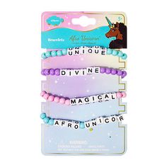 Show off your Unique, Divine, and Magical spirit with these Afro Unicorn bracelets. Includes 4 bracelets so you can match your style or share with friends. Bead Type: Plastic# Pieces In Set: 4Jewelry Closure: Barrel ClaspShape: CircleChain Length: 5 InchChain Width: 80 MillimetersChain Construction: LinkCare: Wipe CleanBracelet Type: Bracelet SetsOwned & Founded: Black Owned/Founded, Women Owned/FoundedIs Beaded: NoCountry of Origin: Imported Afro Unicorn, Unicorn Bracelet, Bracelet Sets, Mix N Match, Mix And Match, Bracelet Set, Barrel, Bracelet, The Originals