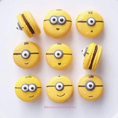 some yellow macaroons with eyes and hamburgers