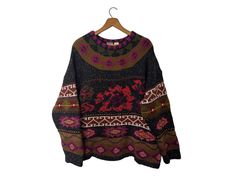 "Vintage Ivy Fair Isle Floral Patterned Thick Knit Pullover Sweater Black Magenta Rust Red Olive Brown White Pink Women's Large ☆ SIZE: Women's Large ☆ MEASUREMENTS (inches, item lying flat): ✄ Length: 25\" ✄ Width (armpit to armpit): 25\" ✄ Arms (armpit seam to cuff): 20\" ☆ COLOR:  Black Magenta Rust Red Olive Brown White and Pink ☆ MATERIAL: 85% Acrylic, 15% Wool ☆ BRAND:  Ivy ☆ CONDITION: The item is vintage and previously loved. There is no visible damage to the item. Thanks for checking ou Dolly Kei Fashion, Thick Knit Sweater, Kei Fashion, Knit Pullover, Modern Outfits, Knitted Pullover Sweaters, Sweater Black, Women Pullover, Knitted Pullover