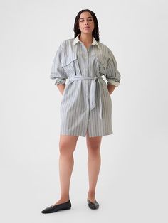 Organic Cotton Striped Mini Shirtdress | Gap Long Sleeve Shirt Dress With Striped Collar For Summer, Gap Cotton Dress For Work, Spring Striped Shirt Dress For Work, Spring Shirt Dress With Striped Collar For Work, Cotton Long Sleeve Shirt Dress With Tie Waist, Spring Workwear Shirt Dress With Striped Collar, Cotton Shirt Dress With Tie Waist And Long Sleeves, Striped Shirt Dress For Summer Workwear, Spring Striped Collared Shirt Dress