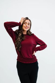 It’s officially autumn, which means it’s time to break out the jewel tones! With its flattering fit and smocked details on the waist and puff sleeves, the Ruby is begging to be worn to a holiday party this season! Details: Small: 23.5” length, 36” bust, 28” waist, 25” sleeve length Model is wearing a small 63% polyeste Wine Top, Smocked Top, The Jewel, Break Out, Jewel Tones, A Holiday