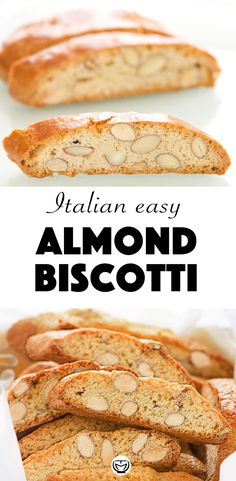 sliced almond biscotti bread on a white plate with text overlay that reads, italian easy almond biscotti