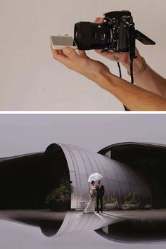 two photographs, one showing a man and woman holding an umbrella while the other is taking pictures