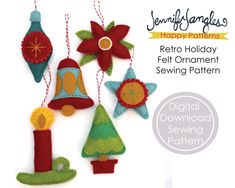 an ornament set with christmas decorations hanging from it's sides and the words retro holiday ornaments on top