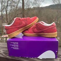 Introducing The Rare Nike Sb Dunk Low Adobe Red/Gum 2023 (Dv5429-600) In Men's Size 4 And Women's Size 5.5. This Sneaker Is Perfect For Athletic Activities And Is Made By The Renowned Brand Nike. The Shoe Shaft Style Is Low Top And It Comes In A Stunning Red Color. The Design Code Is Dv5429-600 And It Belongs To The Nike Sb Product Line. The Release Year Is 2023, Making It A Unique And Trendy Choice. These Are Rare And Sold Out Online. This Size Is Hard To Find. Red Custom Sneakers With Gum Sole, Red Sneakers With Gum Sole For Skateboarding, Red Nike Sneakers For Skateboarding, Red Leather Skateboarding Sneakers, Nike University Red Round Toe Skate Shoes, Nike Skate Shoes With Red Sole For Skateboarding, Red Low-top Skate Shoes, Red Leather Skate Shoes With Gum Sole, Casual Custom Sneakers With Contrast Sole In University Red