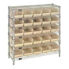 a metal shelving unit with bins and trays