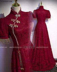 10% off now|Free shipping world-wide. Burgundy Lace Qipao Inspired Formal Dress with High Neck at GemGrace. Click to learn our pro custom-made service for wedding dress, formal dress. View #PromDresses for more ideas. Formal High Neck Lace Dress, Formal High-neck Lace Dress, High Neck Lace Dress For Formal Occasions, Elegant Dresses With Stand Collar For Ceremonies, Elegant Ceremony Dress With Stand Collar, Formal Fitted Stand Collar Cheongsam, Formal Stand Collar Ao Dai, Formal Fitted Lace Ao Dai, Formal Lace Ao Dai