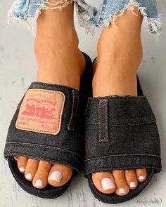 Lasaky - Letter Print Denim Flat Sandals Trendy Denim Blue Round Toe Sandals, Trendy Denim Blue Sandals With Round Toe, Open Toe Denim Sandals For Summer, Closed Toe Denim Sandals, Summer Denim Open Toe Sandals, Denim Open Toe Sandals For Summer, Casual Open Toe Sandals, Casual Denim Blue Sandals For Summer, Trendy Denim Sandals For Summer