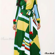 Olivia Mark - Plus Size Sexy Dress, Women's Plus Random Geometric Print Long Sleeve V Neck Wrap Dress Neck Wrap Dress, Holiday Dresses Women, Bodycon Dresses Casual, Royal Blue Dresses, African Print Fabric, Plus Size Jumpsuit, Plus Size Kleidung, Maxi Dress Green, Neck Wrap