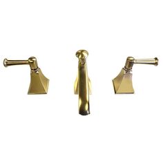 three brass colored faucets with handles on each side and one has a cone shaped handle