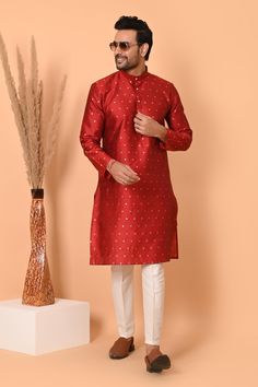 Indian designer party wear kurta pyjama for men's ethnic wear for all kind of occassion   Care instruction: dry clean  Top color: fabric:jacquard silk  Package include:  top-kurta  Bottom-(pyjama) churidar pants (white colour)  Style- traditional kurta pyjama  Material-Jacquard silk  Let us know the length you want A. Below  knee B. Above knee  Product size guidance: please refer to chest size measurement in the size chart for your correct size  Slightly colour variation may be there due to camera resolution Any specification feel free to message us it can also be customised In the colour you want and length as you want Traditional Kurtas For Men, Straight Kurta With Zari Weaving For Festivals, Festive Red Kurta With Zari Weaving, Festive Red Zari Weave Kurta, Red Kurta For Men, Red Banarasi Silk Kurta For Festive Occasions, Banarasi Silk Straight Kurta, Red Zari Weaving Kurta For Eid, Festive Red Banarasi Silk Kurta