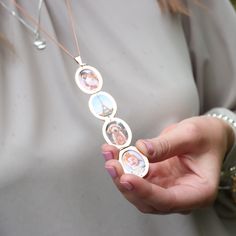 Create your personalised photo locket necklace with our four photo gold heart locket. This slimline, modern charm locket opens out to reveal four secret photos. Tap to learn more! Rose Gold Locket, Oval Necklace, Precious Gemstones Jewelry