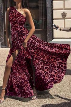 Women's Sexy One Shoulder Leopard Maxi Dress Fitted Maxi Dress For Beach Party Season, Non-stretch Halter Neck Maxi Dress For Party, Non-stretch Strapless Dress For Night Out, Flirty Sleeveless Fitted Maxi Dress, Flirty Fitted Sleeveless Maxi Dress, Flirty Maxi Dress For Party Season, Pink Non-stretch Maxi Dress For Party, Glamorous Stretch Maxi Dress For Summer, Flirty Maxi Length Club Dresses