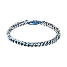 "The blue ion plating make this men's LYNX chain bracelet a unique accessory. The blue ion plating make this men's LYNX chain bracelet a unique accessory. BRACELET DETAILS Length: 8.5 in. Width: 5 mm. Clasp: lobster-claw Chain type: foxtail Metal: blue ion plating over stainless steel Finish: polished Nickel free Packaging: boxed Gift Givers: This item ships in its original packaging. If intended as a gift, the packaging may reveal the contents. Gemstones may have been treated to enhance their a Blue Bracelets With Stainless Steel Clasp As A Gift, Blue Jewelry With Stainless Steel Clasp For Gift, Modern Blue Jewelry With Stainless Steel Clasp, Blue Metal Bracelet With Lobster Clasp, Adjustable Blue Chain Bracelet, Blue Chain Link Metal Jewelry, Blue Stainless Steel Chain Jewelry, Jewelry Clasps, Street Style Winter