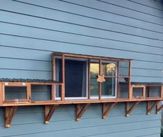 a blue house with several windows and bird cages on the ledge