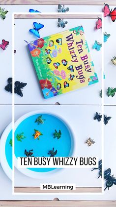 there is a plate with butterflies on it and the words ten busy whizzy bugs