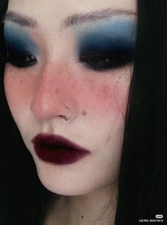 Cute Blue Eye Makeup, Blue Vampire Makeup, Goth Blue Eyeshadow, Blue Alternative Makeup, Blue And Red Makeup Looks, Cute Gothic Makeup, Fun Goth Makeup, Purple Grunge Makeup