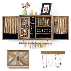 an open wooden cabinet with jewelry hanging from it