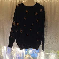 The Sweater Is A Size 3x With Measurements Of 30 Inches From Armpit To Armpit. The Material Is Rayon, Poly And Nylon. Trendy Black Sweater With Star Print, Black Casual Sweater With Star Print, Casual Black Sweater With Star Print, Casual Black Star Print Sweater, Black Star Print Top For Winter, Fall Loungewear Tops With Star Print, New Sweater, Vintage Sweaters, Black Tan