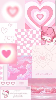 the wallpapers are pink and white with hearts, clouds, and other things