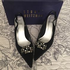 Condition; Kitten Heel-2 1/2”; Satin Material; Heel Out With Strap; Box Included; See Pictures; No Trading Elegant Black Shoe Clips For Formal Occasions, Stuart Weitzman Shoes, Satin Material, Kitten Heel, See Pictures, Stuart Weitzman, Shoes Women Heels, Kitten Heels, Shoes Heels