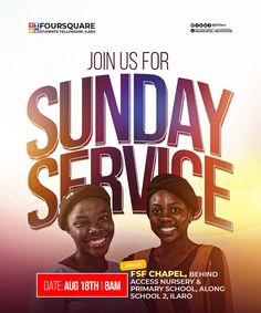 the poster for sunday service with two women smiling and standing next to each other in front of an orange background