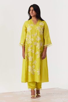 Yellow kurta with beads, sequin embroidery and scalloped net neckline. Paired with a straight pant with net hem and separate inner lining. - Aza Fashions Yellow Kurta, Pant For Women, Pant Women, A Line Kurta, Sequin Embroidery, Beaded Neckline, Straight Kurta, Satin Color, Kurta With Pants