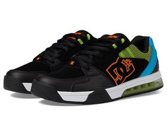 DC Versatile - Men's Skate Shoes : Black/Blue/Green : Let the functionality and flair reign through your every step by wearing DC Versatile footwear. Leather upper. Textile lining and insole. Round toe. Lace closure. Padded tongue and collar. Embossed logo on side counter. UNILITE midsole keeps the weight down. Rubber outsole. Imported. Measurements: Weight: 14 oz Product measurements were taken using size 9.5, width D - Medium. Please note that measurements may vary by size. Weight of footwear Skate Shoes With Padded Tongue And Round Toe, Skate Shoes With Padded Tongue And White Sole, High-top Skate Shoes With Removable Insole For Sports, Sporty Synthetic Skate Shoes With Removable Insole, Synthetic Skate Shoes With Padded Tongue And Round Toe, Black Synthetic Skate Shoes With Padded Tongue, Mens Skate Shoes, Embossed Logo, Skate Shoes