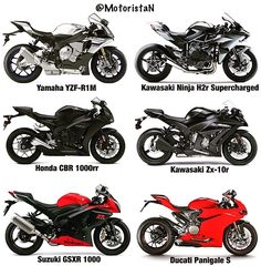 four different types of motorcycles are shown here