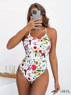 Ebeek - Womens Floral Print Criss Cross One Piece Swimsuit - High Cut, Scoop Neck, Stretchy Spaghetti Straps - Ideal for Beach and Pool - Versatile Swimwear & Clothing 2 Piece Swimsuits, Swimwear Online, Swimsuit Set, Swimsuit Shops, Swimsuit Cover Ups, High Cut, Criss Cross, One Piece Swimsuit, Scoop Neck