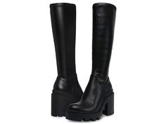 Steve Madden Roxanna Boot - Women's Boots : Black : Equip your steps with some more power, comfort, and style donning the Steve Madden Roxanna Boots. Synthetic upper, lining, and insole. Zippered closure for easy on and off. Classic tall silhouette with rounded toe. Chunky block heel. Durable lug outsole. Imported. Measurements: Heel Height: 3.5 in. Platform Height: 1.25 in. Boot Shaft Height: 5 in. Shaft Circumference: 12.5 in. Girls Boots Outfit, Steve Madden Black Boots, Madden Girl Boots, Madden Boots, Steve Madden Boots, High Heel Sneakers, High Heel Boots Knee, Black Knees, Chunky Block Heels