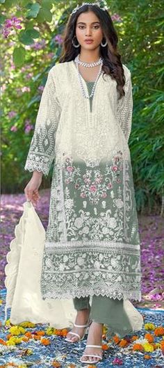 Green, White and Off White color Salwar Kameez in Organza Silk fabric with Embroidered, Thread work Salwar Kameez Mens, Pakistani Salwar Suit, Patiyala Dress, Bottom Heavy, Reception Lehenga, Lehenga Suit, Pakistani Salwar, Suit Collection, Abaya Dress