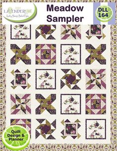 the meadow sample quilt pattern is shown in purple, green and white colors with an image of