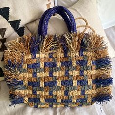 Brand: Made For Women Brand New, No Tags, Global Artisan Made Boho Fringed Straw Raffia Bag. Inside Pocket As Shown. This Bag Can Hold A Lot And Weighs Nothing Blue Straw Tote Bag, Blue Straw Summer Bag, Rectangular Blue Straw Bag, Summer Blue Straw Bag, Bohemian Blue Beach Bag For Shopping, Blue Handwoven Summer Beach Bag, Eco-friendly Blue Straw Bag For Beach Season, Summer Straw Bag With Weaving Detail, Summer Straw Bag For Daily Use With Weaving Detail