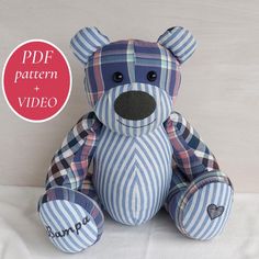 a blue and white striped teddy bear with the words pdf written on it