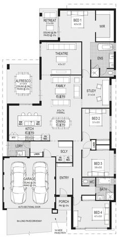 the floor plan for a two story house with three car spaces and an attached garage