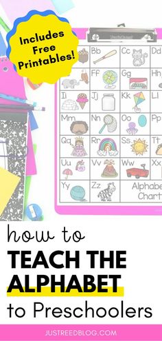 a pink and white poster with the words how to teach the alphabet to preschoolers