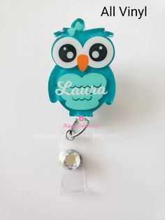 "Owl badge reel 🦉 This owl is a perfect way to bring a little bling to your badge reel and workplace. They also make the perfect gift for night shift nurses, teachers, or anyone who wears a badge reel! This listing is for one (1) retractable Owl badge reel. It comes with the badge reel and owl already attached to it and ready to be used. The owl is made of acrylic and measures 2\" heigh. The design is completely sealed and are easily disinfected. You can choose the color of your owl. You can pi Cute Personalized Badge Reel For Gifts, Personalized Cute Badge Reel For Gift, Personalized Blue Badge Holders For Personal Use, Customizable Blue Badge Holders For Gifts, Personalized Fun Badge Reel For Gift, Personalized Fun Badge Reel Gift, Personalized Themed Badge Holders As Gifts, Personalized Blue Badge Reel For Gift, Personalized Blue Badge Holders For Gifts