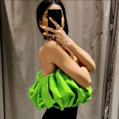 Zara Voluminous Top Limited Edition Green Evening Tops For Spring, Trendy Green Evening Top, Green Summer Evening Tops, Green Tops For A Night Out In Spring, Summer Evening Green Tops, Green Summer Party Tops, Green Stretch Tops For Evening, White Ruffle Blouse, White Blouse Top