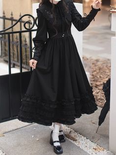 The price is for a dress only, the black waist belt is not included.  Garment Size   	 		 			Size 			S 			M 			L 			XL 		 		 			Shoulders 			35 			36 			37 			38 		 		 			Bust 			84 			88 			92 			96 		 		 			Sleeve Length 			64 			65 			66 			67 		 		 			Waist 			68 			72 			76 			80 		 		 			Full Length 			118 			120 			122 			124 Goth Dresses Aesthetic, Black Tea Party Dress, How To Describe Dresses, Long Black Gothic Dress, 19th Century Gothic Fashion, Black Concert Dress Orchestra, Black Long Sleeve Vintage Dress For Costume Party, Black Vintage Dress With Ruffles For Fall, Black Vintage Dress For Spring Costume Party