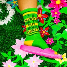 It's Always Ok To Buy More Plants Socks by Gumball Poodle are the perfect gift for that socks lover in your life. These funny themed mens,womens,unisex crew^xl socks come in color and feature the words "It's Always Ok To Buy More Plants" printed on the socks. These socks fit Women's size 6 US to Men's Size 15. Made of Cotton-polyester-spandex-rubber blend for comfort and durability. A pair of these cool Funny novelty Socks will certainly give any wardrobe an instant upgrade. Machine Wash Cold Wi Fun Green Cotton Socks, Trendy Green Cotton Socks, Casual Green Cotton Socks, Fun Yellow Cotton Socks, Plant Bathroom, Gym Socks, Socks Gym, Womens Knee High Socks, Sock Lovers