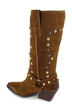 Mixed metallic studs gleam on a classic suede Western boot complete with harness hardware. 2 1/4" heel 11 1/4" shaft; 14" calf circumference Pull-on style Leather upper, lining and sole Made in Italy Western Boots With Rhinestone Rivets For Fall, Western Leather Boots With Silver Studs, Studded Suede Boots For Fall, Fall Suede Boots With Studs, Leather Boots With Gold Studs For Fall, Studded Suede Boots, Western Boots With Silver Studs For Fall, Fall Leather Boots With Rhinestone Rivets, Ethiopian Opal Ring