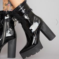 Patent Vegan Leather Boots That Have Chunky Heels N’ Soles, Detachable Ankle Straps With Lace Trim And O-Ring Hardware, And Side Zip Closures. Never Worn Occult Clothing, Broken Ankle, Dolls Kill Shoes, Demonia Shoes, Vegan Leather Boots, Punk Boots, Patent Boots, Boots Platform, Platform Mary Janes