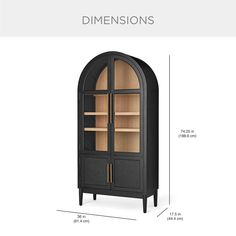 an image of a black cabinet with glass doors and shelves on the bottom, measurements