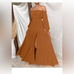 Nwt Color: Caramel Product Details Fabric Type 100% Rayon One Hundred Percent Rayon Care Instructions Machine Wash Origin Imported Closure Type Pull On Country Of Origin China About This Item S=Us 4-6,M=Us 8-10,L=Us 12-14,Xl=Us 16-18. Features: Classic Solid Plain Color, Puff/Lantern Sleeve Dress, Chic Flounce Sleeve, Casual Elastic High Waist, Cute Layer Ruffle Hem, Sexy High Split Design, The Off Shoulder Maxi Dress Greatly Show Your Charming Shoulder And Your Delicate Collarbone. This Flowy M Brown Smocked Bodice Dress For Brunch, Brown Smocked Back Dress For Brunch, Brown Dresses With Smocked Back For Brunch, Brown Dress With Smocked Back For Brunch, Fitted Brown Maxi Dress With Smocked Back, Fitted Bohemian Maxi Dress In Solid Color, Flowy Brown Ruched Dresses, Brown Solid Color Maxi Dress, Off-shoulder Brown Dress For Fall