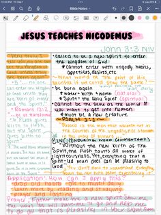 an open notebook with writing on it and the words jesus teaches middelmus written in different colors